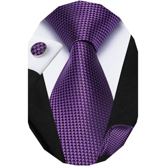 Men Black Purple Tie Set Solid Paisley Necktie Pocket Square Cufflink Formal - Picture 1 of 5